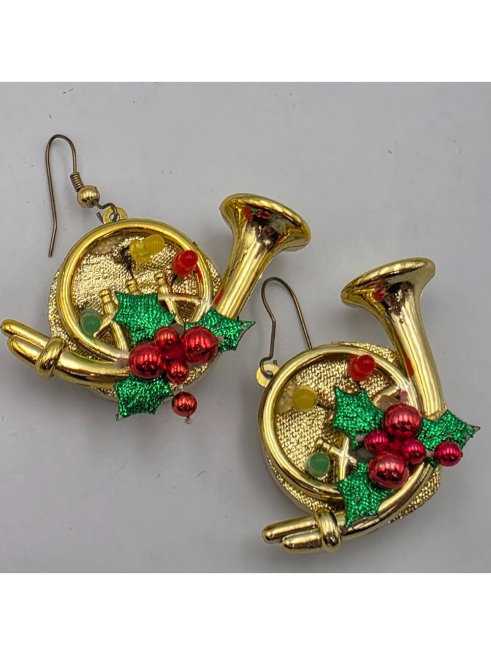 Holiday-Themed Gold French Horn Earrings With Holly & Berries Accents